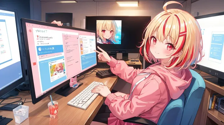 1girl, solo, blonde hair, hood, smile, keyboard (computer), sitting,
(( FPS game PC display.))
(blonde hair),lacquer red hair,((streaked hair)),short cut,ahoge,multicolored hair
hoodie, looking at viewer, , chair, desk, monitor, breasts, red eyes, indoors,...