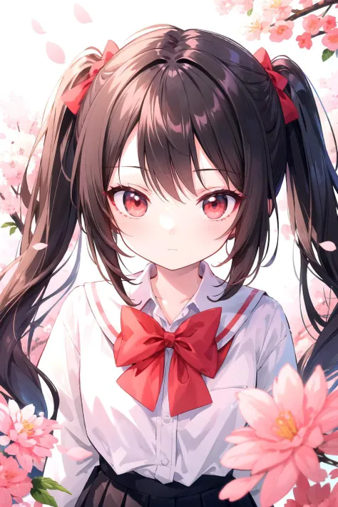 anime girl with long hair and red bow tie standing in front of flowers