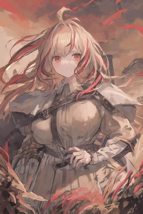 anime girl with long hair and armor standing in front of a mountain