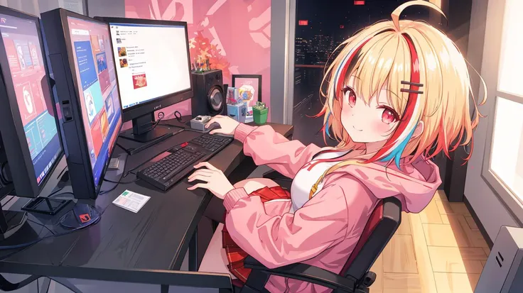 anime girl sitting at a desk with two computer monitors