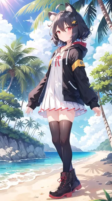 a girl standing on a beach with palm trees and a blue sky