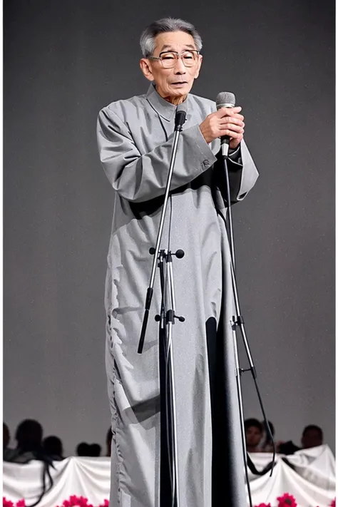 best quality, masterpiece,Grey background,unlined long gown,full body,Vertical microphone,looking at viewer, glasses,old men,<lora:masanli:0.8>