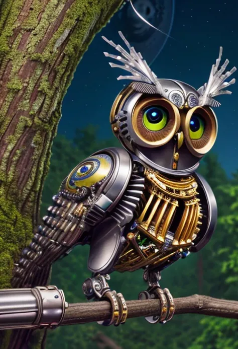 digital painting of an intricate ornate (((mechanical:1.42) (robotic:0.67) (steampunk:0.93)) gray owl bird), looking at viewer,  in the dark, ((perched on the (((made of wood):0.17) branch of a tree) in the forest)), (mechanical wings), (detailed mechanica...