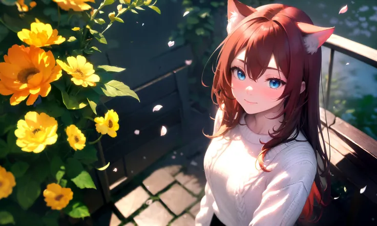 masterpiece, best quality, highres booru, 1girl, solo,
depth of field, rim lighting, flowers, petals, from above, scenery,
raifu, dark red hair, straight hair, long hair, blue eyes, cat ears, blush,
(medium breasts:0.8), mature female, white sweater, sligh...