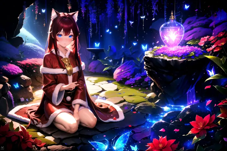 (masterpiece, best quality, highres), 1girl, raifu, solo, abstract, pov, seiza,
BREAK
dark background, depth of field, rim lighting, flowers, petals,
crystals, cave, butterfly, vegetation, aura, magic, christmas,
BREAK
dark red hair, blue eyes, straight ha...