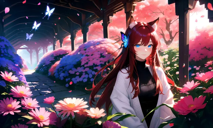 masterpiece, best quality, highres booru, 1girl, solo, abstract, colorful,
scenery, depth of field, rim lighting, flowers, petals, butterfly, vegetation, aura, magic,
BREAK
raifu, dark red hair, straight hair, blue eyes, cat ears, blush,
(medium breasts:0....