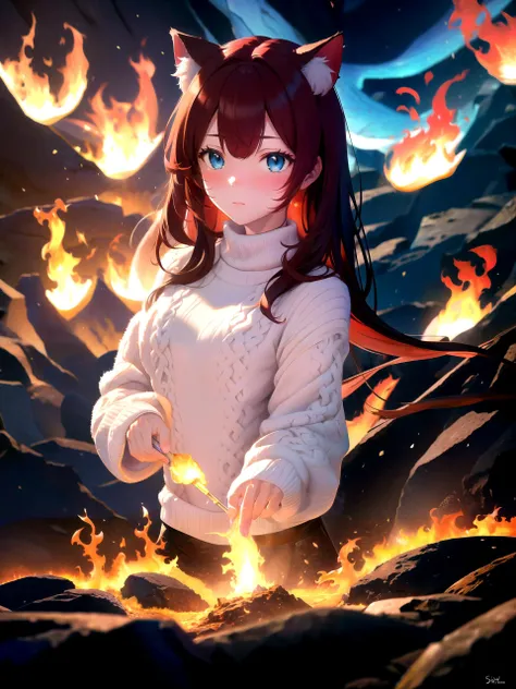 masterpiece, best quality, highres, 1girl, solo,
bioluminescence, depth of field, rim lighting, scenery,
fire, magma, elemental, swirling soul lights, magic,
raifu, dark red hair, blue eyes, straight hair, cat ears, blush,
(medium breasts:0.8), mature fema...