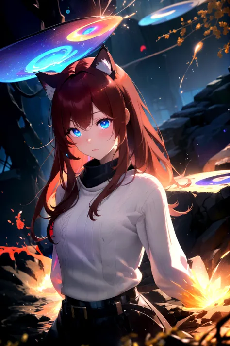 masterpiece, best quality, highres, 1girl, solo,
scenery, bioluminescence, depth of field, rim lighting,
fire, magma, elemental, swirling soul lights, magic,
raifu, dark red hair, blue eyes, straight hair, cat ears, blush,
(medium breasts:0.8), mature fema...