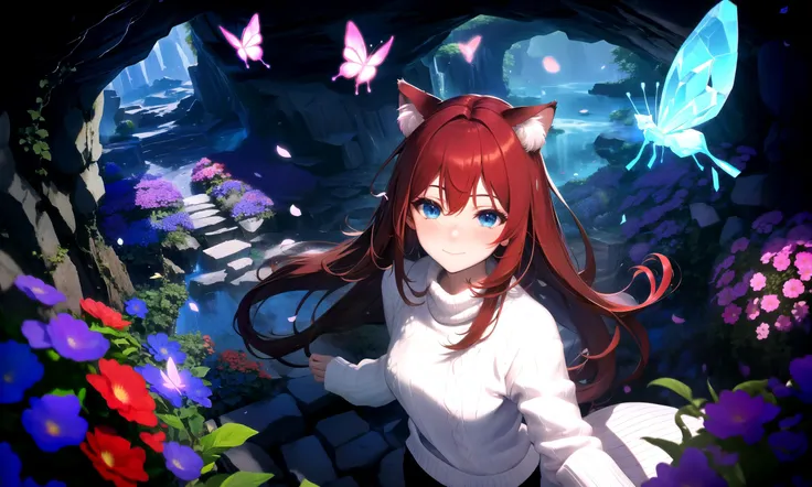 masterpiece, best quality, highres booru, 1girl, solo,
depth of field, rim lighting, flowers, petals, abstract,
crystals, cave, butterfly, vegetation, aura, magic, from above,
raifu, dark red hair, straight hair, long hair, blue eyes, cat ears, blush,
(med...