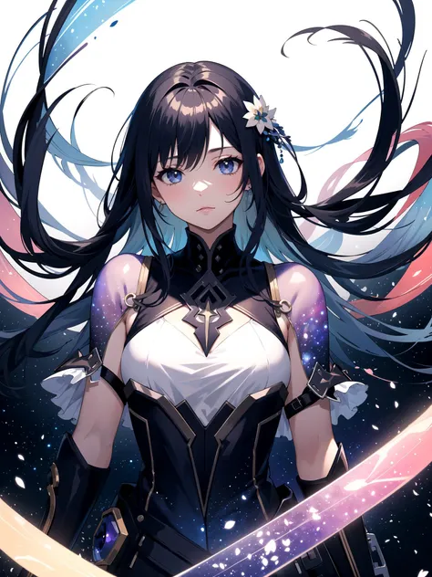 a woman with long black hair holding a sword in front of a sky