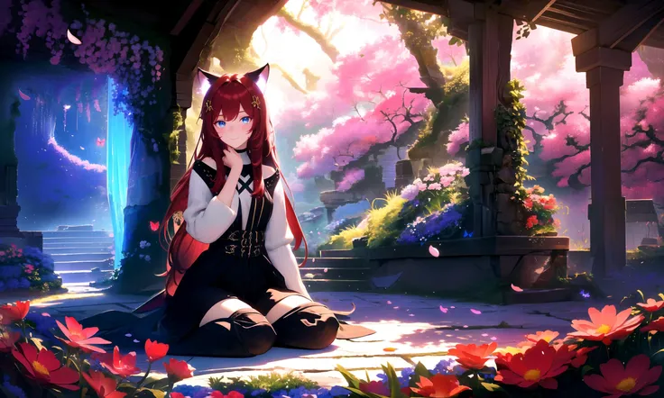 masterpiece, best quality, highres booru, 1girl, solo, abstract, colorful,
scenery, depth of field, rim lighting, flowers, petals, butterfly, vegetation, aura, magic,
BREAK
raifu, dark red hair, straight hair, blue eyes, cat ears, blush, sitting,
(medium b...