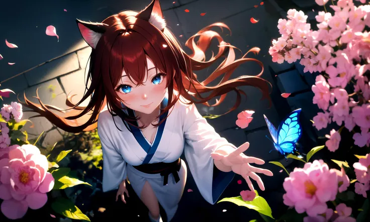 masterpiece, best quality, highres, 1girl, solo, abstract, colorful, from above,
depth of field, rim lighting, flowers, petals, butterfly, close-up, incoming kiss,
raifu, dark red hair, straight hair, long hair, blue eyes, cat ears, reaching out,
medium br...