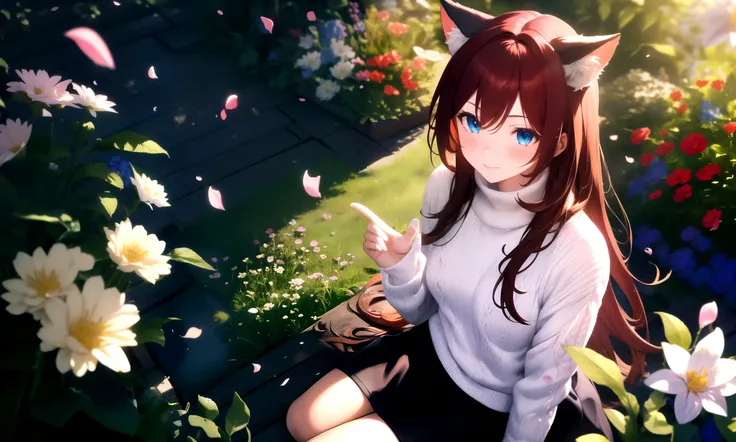 masterpiece, best quality, highres booru, 1girl, solo,
depth of field, rim lighting, flowers, petals, from above,
raifu, dark red hair, straight hair, long hair, blue eyes, cat ears, blush,
(medium breasts:0.8), mature female, white sweater, slight smile, ...