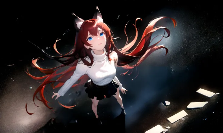 masterpiece, best quality, highres, 1girl, solo, rim lighting, far shot,
dark background, black background, simple background, nothingness, emptiness,
(looking up:1.1), emotional, (tears:0.9), full body,
raifu, dark red hair, straight hair, blue eyes, cat ...