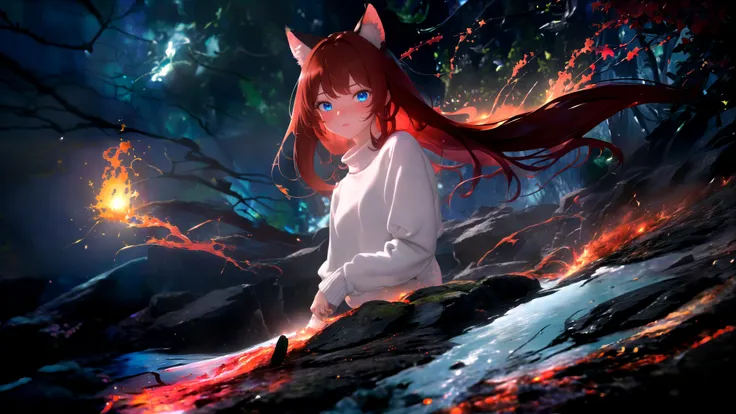 masterpiece, best quality, highres, 1girl, solo,
scenery, bioluminescence, depth of field, rim lighting,
fire, magma, elemental, swirling soul lights, electricity, magic,
raifu, dark red hair, blue eyes, straight hair, cat ears, blush,
(medium breasts:0.8)...