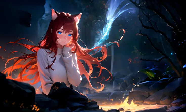 masterpiece, best quality, highres, 1girl, solo,
scenery, bioluminescence, depth of field, rim lighting,
fire, magma, elemental, swirling soul lights, electricity, magic,
raifu, dark red hair, blue eyes, straight hair, cat ears, blush,
(medium breasts:0.8)...