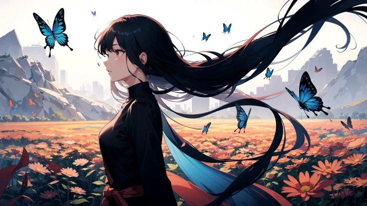 (masterpiece, best quality, highres), ((1girl, (mature female) long hair)), (see-through silhouette), (vivid colors, wind, butterfly, flower field, floating object),