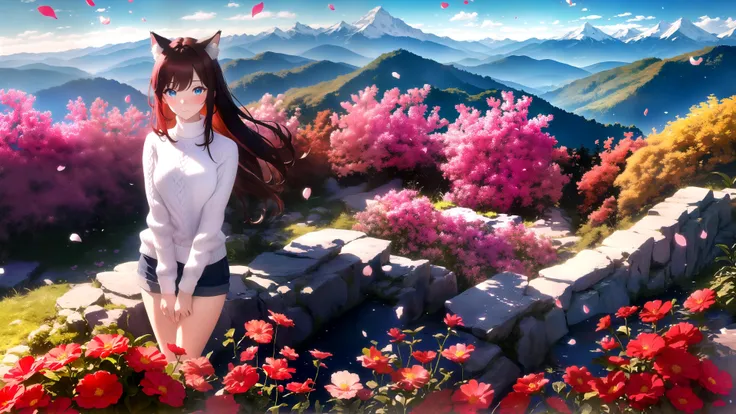 masterpiece, best quality, highres, 1girl, solo,
scenery, flowers, petals, mountainous horizon,
raifu, dark red hair, blue eyes, straight hair, cat ears, blush,
(medium breasts:0.8), mature female, white sweater,