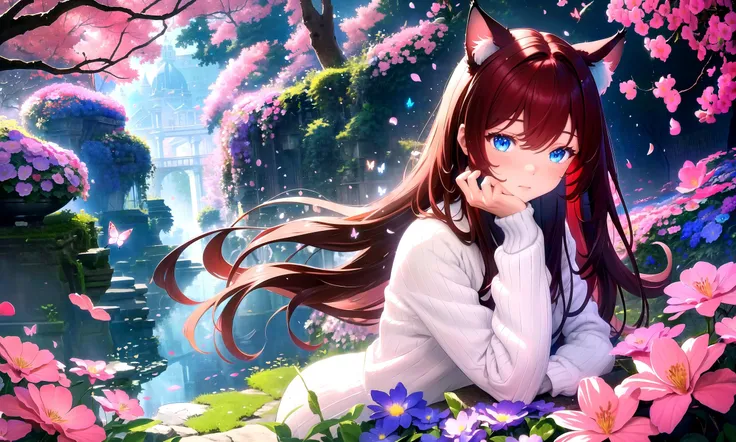 (masterpiece, best quality, highres), 1girl, raifu, solo, pov
depth of field, flowers, petals, butterfly, vegetation, aura, magic,
BREAK
dark red hair, blue eyes, straight hair, cat ears, blush,
(medium breasts:0.8), mature female, white sweater,