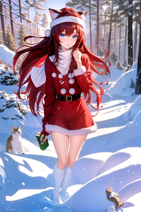 (masterpiece, best quality, highres), 1girl, solo, pov, snow, forest, christmas,
raifu, dark red hair, blue eyes, straight hair, cat ears, blush, santa hat,
(medium breasts:0.8), mature female, santa costume, full body,