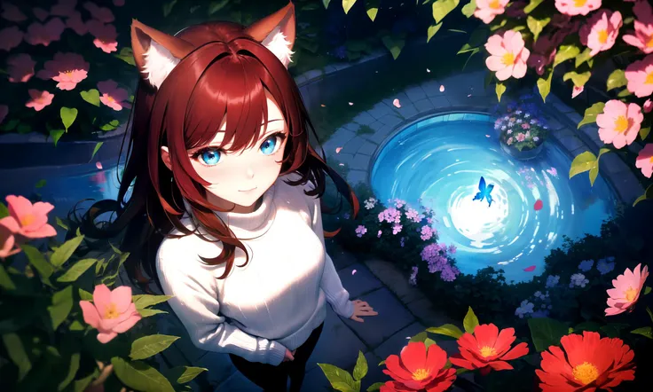 masterpiece, best quality, highres, 1girl, solo, abstract, colorful, close-up,
scenery, depth of field, rim lighting, flowers, petals, butterfly, from above,
raifu, dark red hair, straight hair, long hair, blue eyes, cat ears, blush,
(medium breasts:0.8), ...