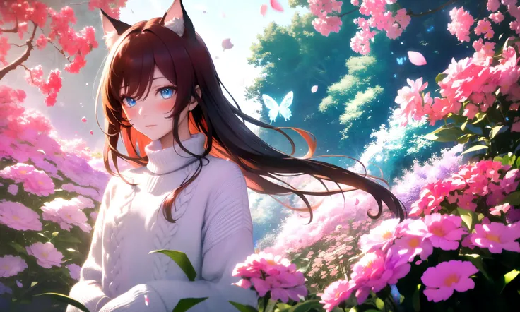 masterpiece, best quality, highres, 1girl, solo, abstract, colorful,
scenery, depth of field, rim lighting, flowers, petals, butterfly,
raifu, dark red hair, straight hair, long hair, blue eyes, cat ears,
(medium breasts:0.8), mature female, white sweater,...