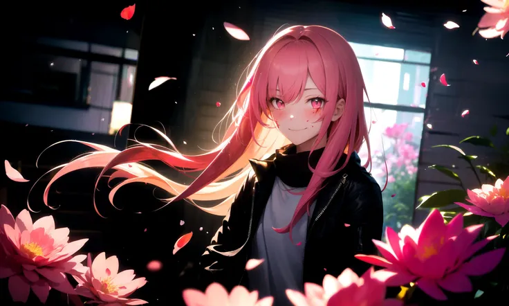 masterpiece, best quality, highres booru, 1girl, solo,
depth of field, rim lighting, flowers, petals, abstract,
pink hair, pink eyes, blood on face, blush, slight evil smile,