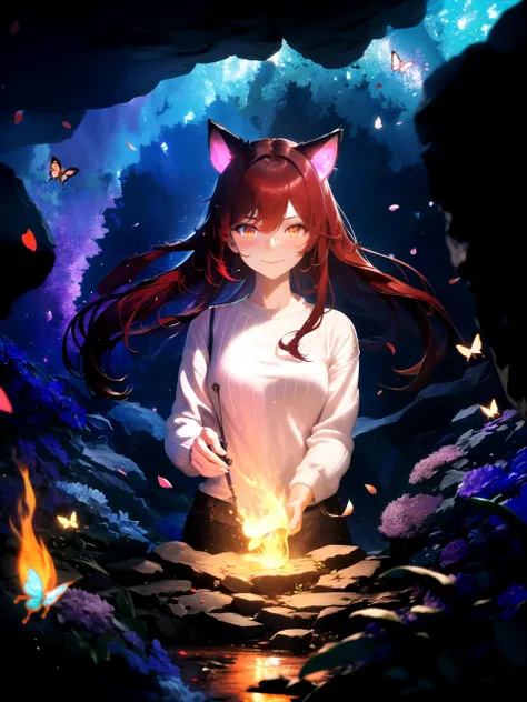 masterpiece, best quality, highres booru, 1girl, solo, abstract,
bioluminescence, depth of field, flowers, petals, scenery, light particles,
cave, crystals, butterfly, vegetation, aura, magic, swirling lights of souls,
raifu, dark red hair, straight hair, ...