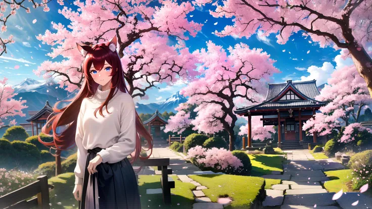 (masterpiece, best quality, highres), 1girl, raifu, solo, pov, close-up,
scenery, flowers, petals, vegetation, cherry blossoms, shrine, mountainous horizon,
BREAK
dark red hair, (long hair:0.8), blue eyes, straight hair, cat ears, blush,
(medium breasts:0....