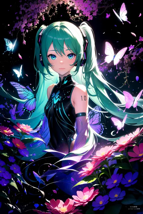 (masterpiece, best quality, highres), 1girl, hatsune miku, solo, upper body,
BREAK
dark background, black background, depth of field,
fractals, lineart background, colorful background, flowers, petals,
rim lighting, crystals, cave, butterfly, vegetation,