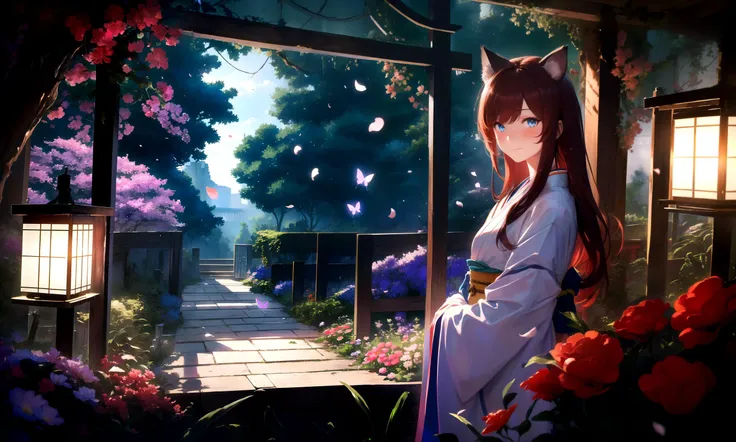 masterpiece, best quality, highres booru, 1girl, solo, abstract, colorful,
scenery, depth of field, rim lighting, flowers, petals, butterfly, vegetation,
BREAK
raifu, dark red hair, straight hair, long hair, blue eyes, cat ears, blush,
(medium breasts:0.8)...