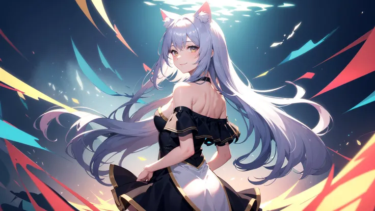 (masterpiece, best quality), ((1girl, (mature female) long hair), (cat ears)), (hand under dress, arms behind back, looking at viewer, light smile, off shoulder, cowboy shot), (abstract, chromatic aberration),