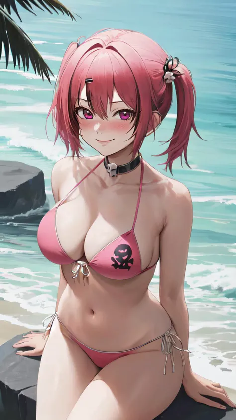 2d, masterpiece, best quality, anime, intricate iris,
(looking at viewer, (seductive smile, embarrassed, ), upperbody, ),
(lying on sand, ),
(beach, far away island, seas),
(large breasts:1.2, narrow waist, ),  <lora:nikke-mast-richy-v2:1> ,  (mastswim, pi...