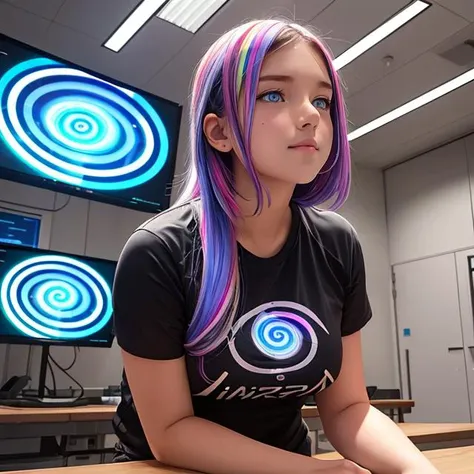 arafed girl with purple hair sitting in front of a computer monitor