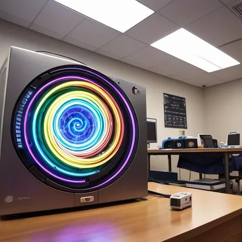 there is a computer with a colorful wheel on the screen