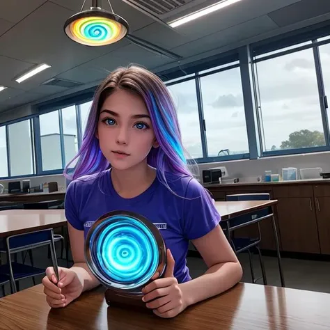 arafed girl with purple hair holding a blue light in a classroom