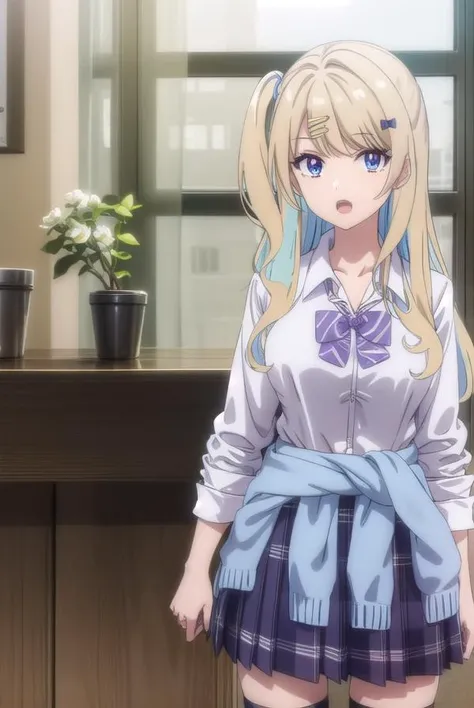 anime girl in a school uniform standing in front of a desk