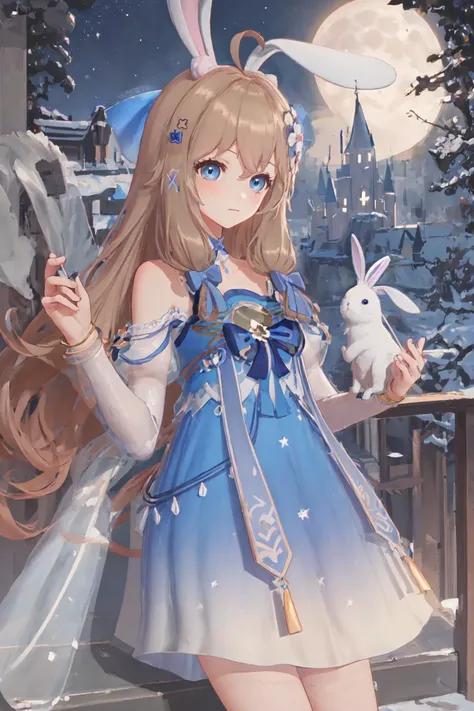 1girl,cetus,beautiful planet,space,The girl on the moon holds a( (cute) lovely white rabbit) in her arms, with the(( beautiful moon castle)) behind her ,<lora:asoulDiana_v10:0.7>,dark night