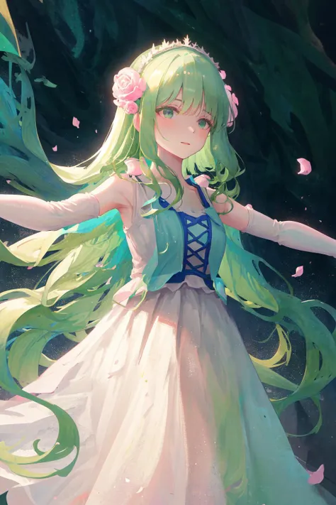 masterpiece, best quality, highres, 1girl dryas green hair pink hair flower tiara, white and blue dress sleeveless dress white elbow gloves white frills <lora:dryas:1> standing, floating hair, outstretched arms