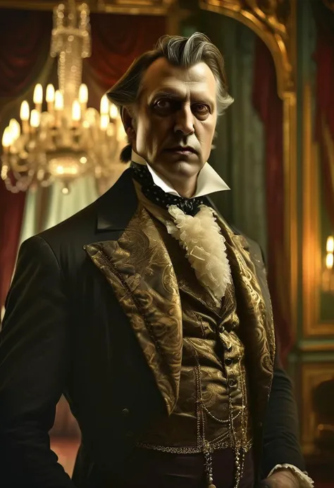 close up Vampire draped in Victorian-era fashion, brocade waistcoat, lace cravat, amidst a grandiose Victorian ballroom, elaborate wall moldings, antique chandeliers casting shadows, air of bygone splendor, captured in a digital painting, dramatic lighting...