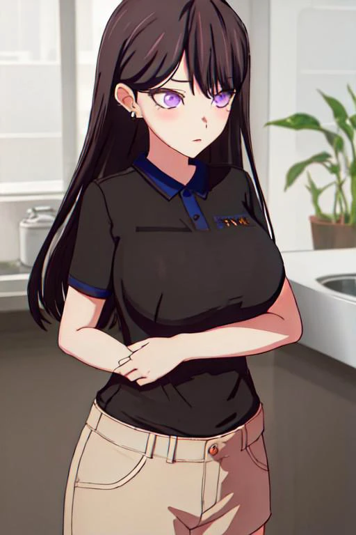 best quality, masterpiece, highres, solo, {shiina_taki_bangdreamitsmygo:1.15}, long_hair, black_hair, purple_eyes, mole_under_eye, mole, bangs, indoors, brown_hair, 1girl, black_shirt, shirt, short_sleeves, huge breasts, big tits, blushing, embarassed