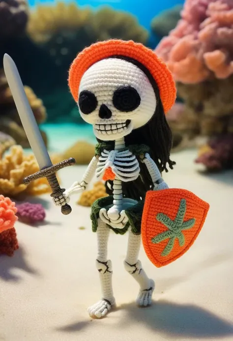 Female  Skeleton with sword and shield, wearing bikini,  happy, walking in beautiful bottom of the ocean, colorful coral reef, seaweed, Amigurami,