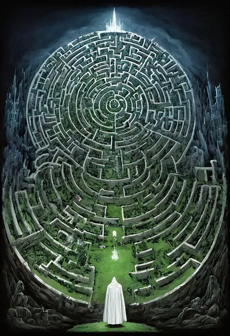 castle , A traveler contemplates a gigantic labyrinth made up of dozens of white, grass, medical towers.  labyrinth , evil villain ,darkness, fog, easter eggs, opposites