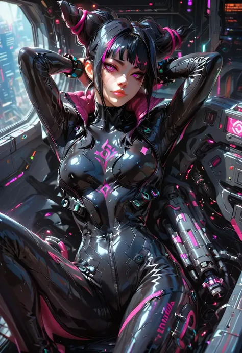 score_9, score_8_up, score_7_up, score_6_up, perfect face, perfect eyes, 1girl, solo, Juri Han,  
purple tight plugsuit, latex, resting, relaxing, looking at viewer, gundamwingcockpit, futuristic, scifi, controls, joystick, holographic interface, technolog...