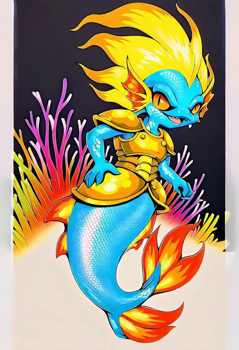 Evang, full body character portrait, in a vibrant underwater kingdom filled with colorful coral and fish. The character is a merfolk warrior with a trident, armored in shimmering scales, swimming gracefully through the depths.