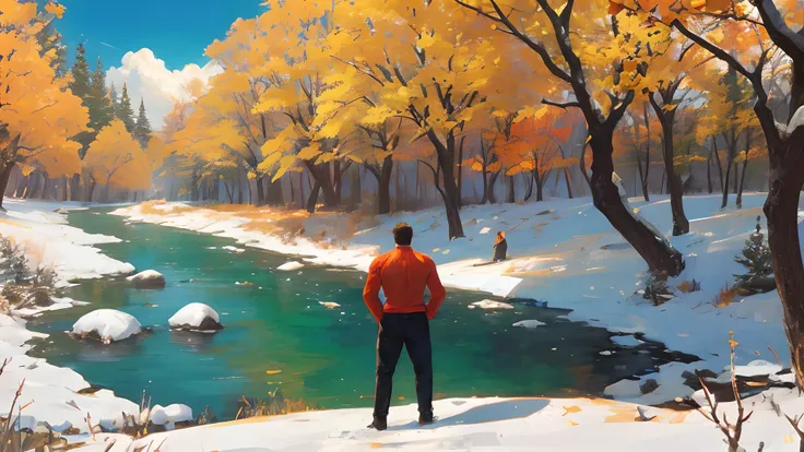 ConceptArt, one  muscle man, hill top, snow,autumn leaves,sky, tree, cloud,  outdoors,nature, river, blue sky