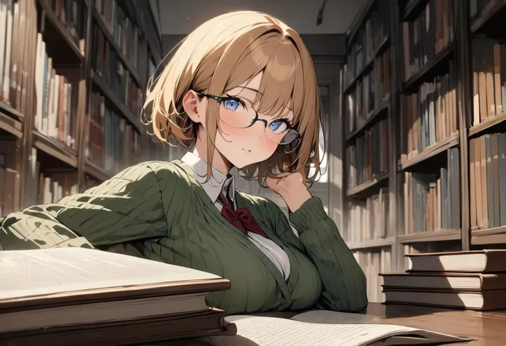 ((Librarian)), short hairs, ginger hairs, blue eyes, large breast, wearing glasses, (looking at viewer:1.5), (best quality), (highly detailed), masterpiece, best quality, masterpiece, high res, character focus, girl, indoors, library, bookcase in backgroun...