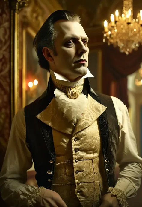 close up Vampire draped in Victorian-era fashion, brocade waistcoat, lace cravat, amidst a grandiose Victorian ballroom, elaborate wall moldings, antique chandeliers casting shadows, air of bygone splendor, captured in a digital painting, dramatic lighting...