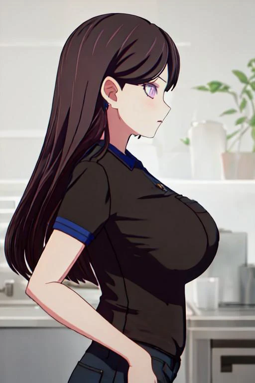 best quality, masterpiece, highres, solo, {shiina_taki_bangdreamitsmygo:1.15}, long_hair, black_hair, purple_eyes, mole_under_eye, mole, bangs, indoors, brown_hair, 1girl, black_shirt, from_side, profile, shirt, short_sleeves, huge breasts, big tits