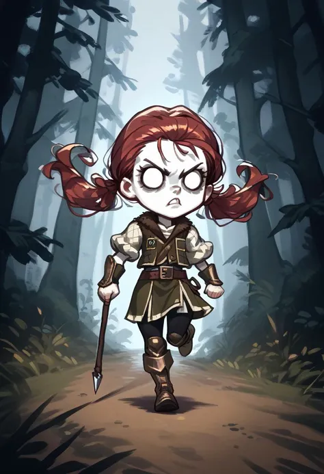 score_9, score_8_up, score_7_up,  1girl, solo, solo focus,  blank eyes, dontstarvestyle, white skin, red hair, twintails, armor vest, armor boots , helmet, spear on hands, chibi, belt, running , forest  angry